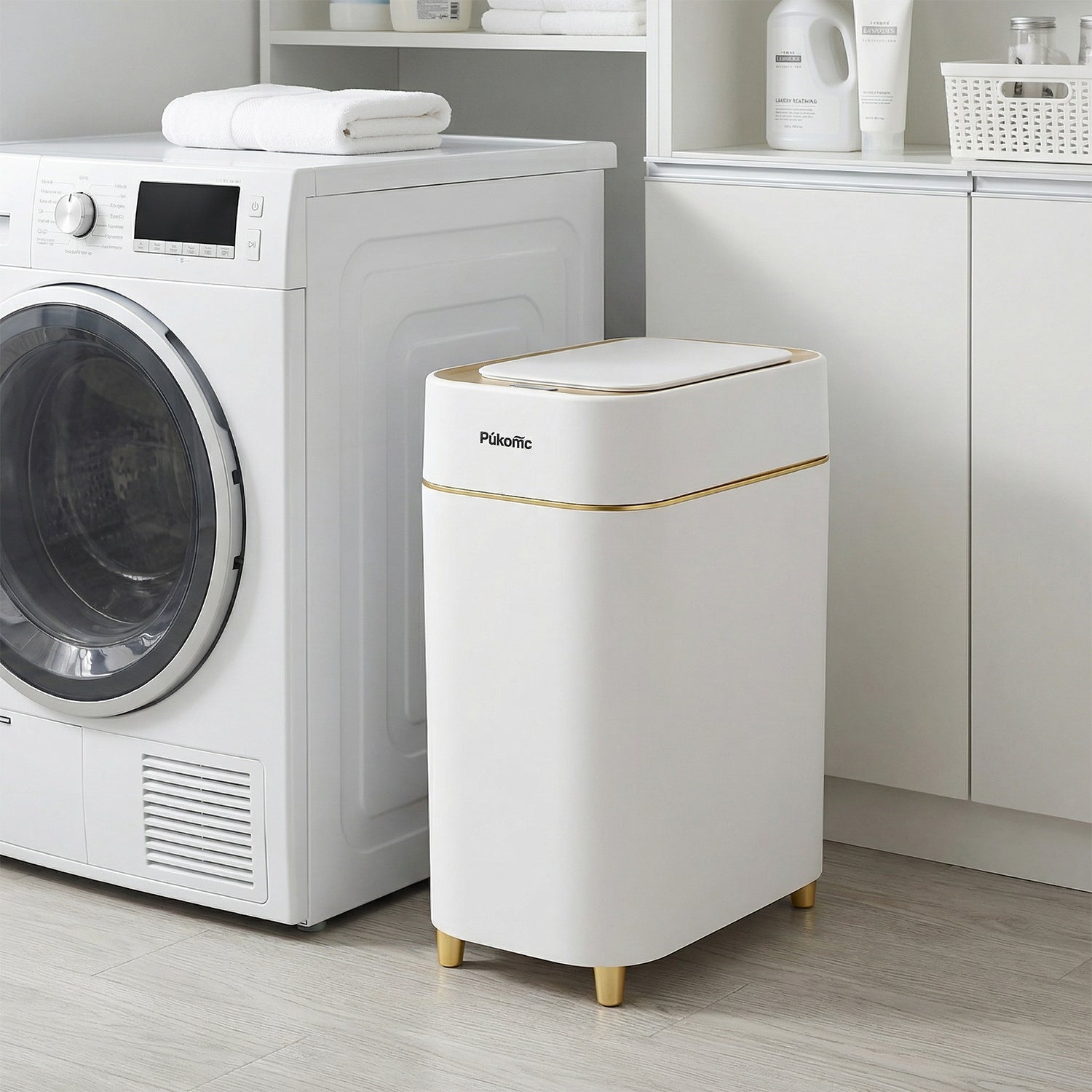 PUKOMC Automatic Adsorption Sensor Trash Can for Home, 2.3 Gallon / 9L, White Gold