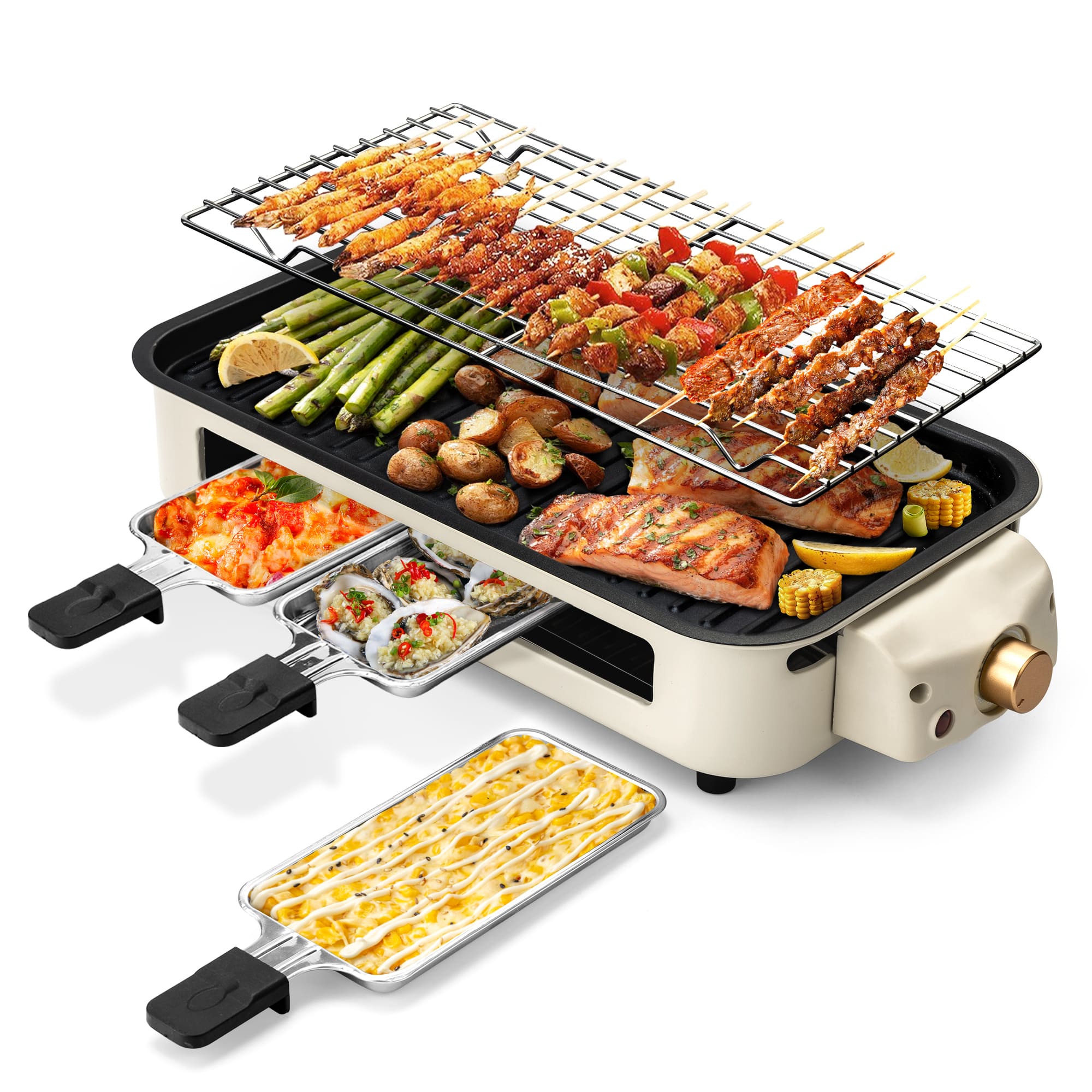 PUKOMC Smokeless Indoor Electric Grill, Beige Color