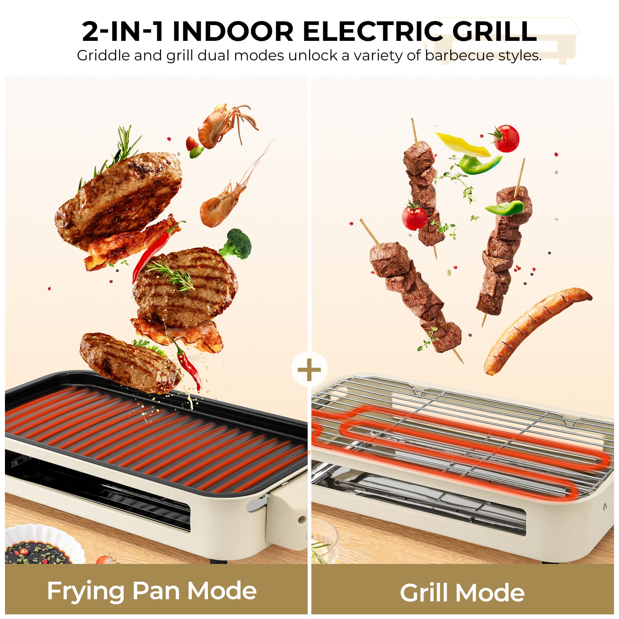 PUKOMC Smokeless Indoor Electric Grill, Beige Color