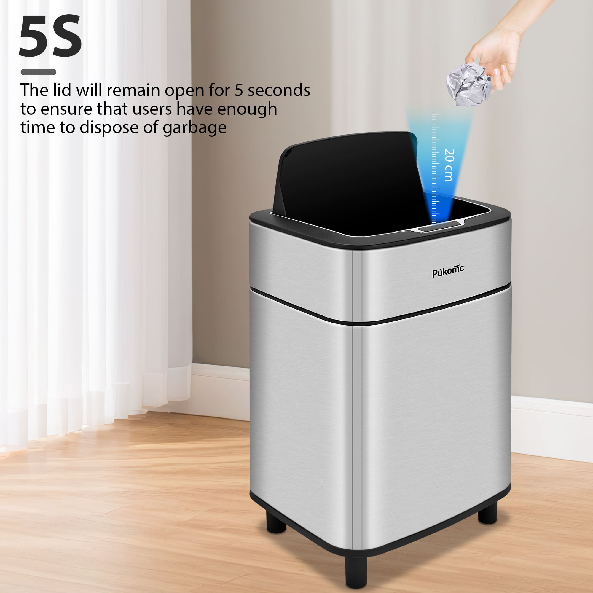 PUKOMC Stainless Steel Motion Sensor Trash Can for Home and Outdoor, 10 Liters Capacity