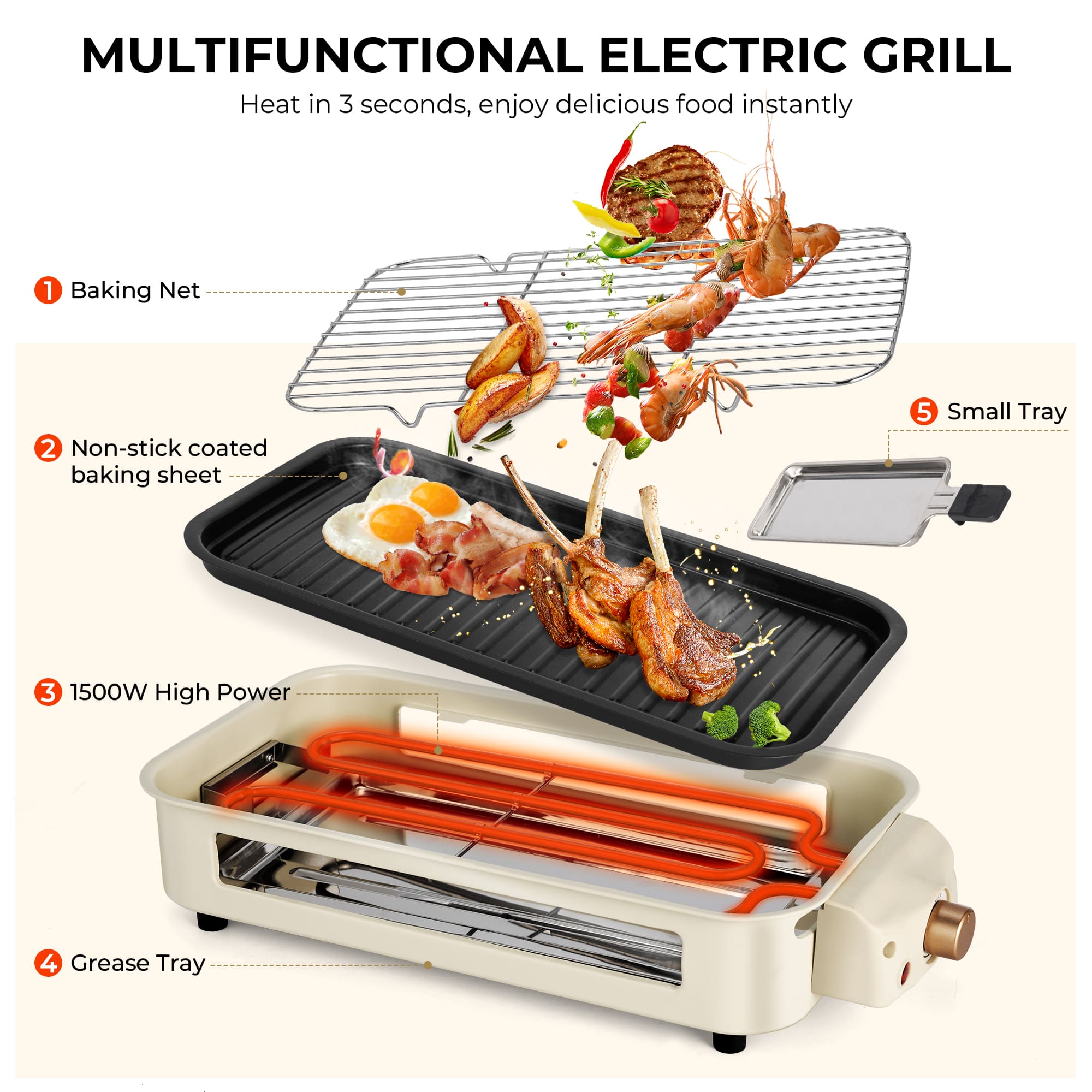 PUKOMC Smokeless Indoor Electric Grill, Beige Color